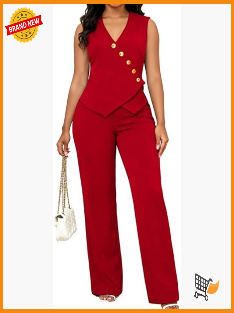 Women's 2-Piece Pantsuit Set Sleeveless Blazer Vest High-Waisted Business Suit